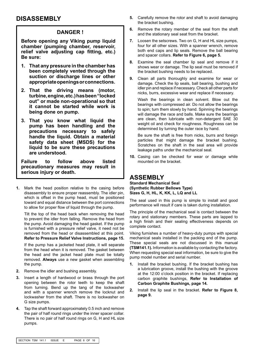 Disassembly, Assembly | Viking Pump TSM141.1: G-LL 125/4125 User Manual | Page 8 / 16