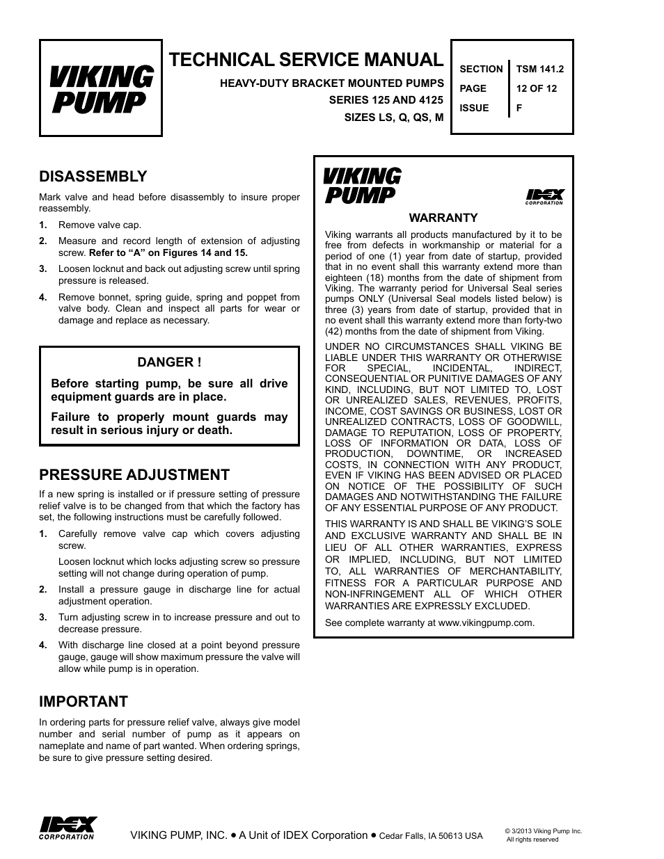 Technical service manual, Pressure adjustment important, Disassembly | Viking Pump TSM141.2: LS-M 125/4125 User Manual | Page 12 / 12