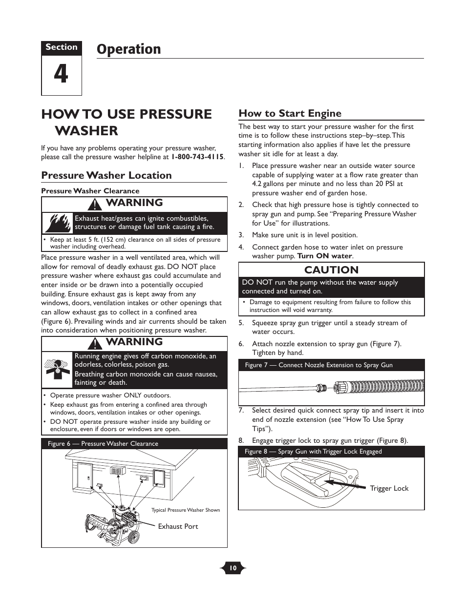 How to use pressure washer, Operation, Pressure washer location | How to start engine, Caution, Warning | Briggs & Stratton 01988-1 User Manual | Page 10 / 36