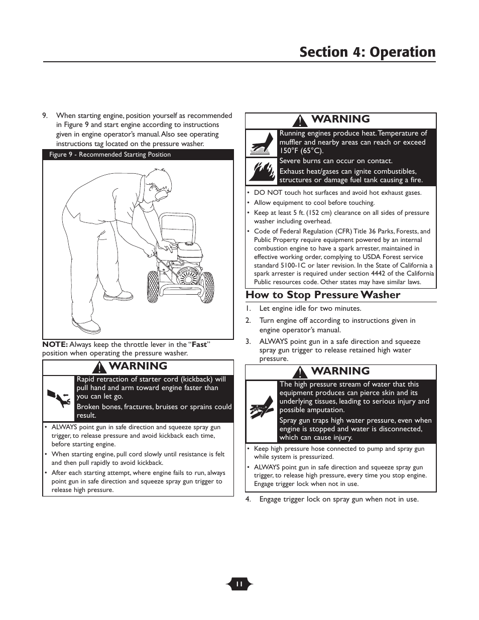 How to stop pressure washer, Warning | Briggs & Stratton 01988-1 User Manual | Page 11 / 36