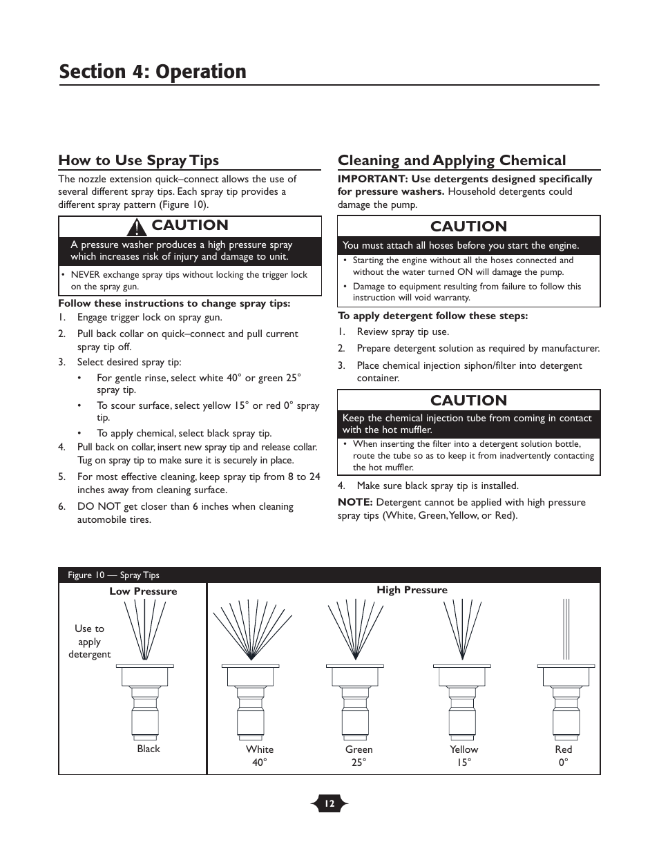 How to use spray tips, Cleaning and applying chemical, Caution | Briggs & Stratton 01988-1 User Manual | Page 12 / 36