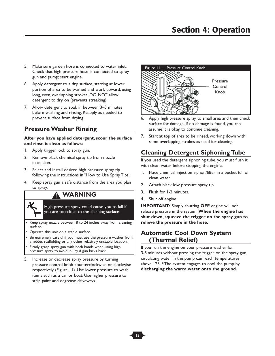 Pressure washer rinsing, Cleaning detergent siphoning tube, Automatic cool down system (thermal relief) | Warning | Briggs & Stratton 01988-1 User Manual | Page 13 / 36
