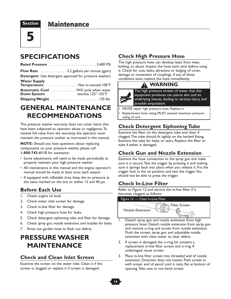 Specifications, General maintenance recommendations, Pressure washer maintenance | Maintenance | Briggs & Stratton 01988-1 User Manual | Page 14 / 36