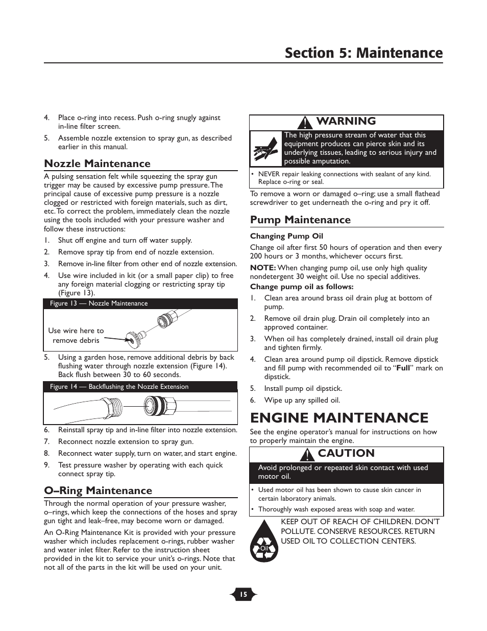 Engine maintenance, Nozzle maintenance, O–ring maintenance | Pump maintenance, Caution, Warning | Briggs & Stratton 01988-1 User Manual | Page 15 / 36