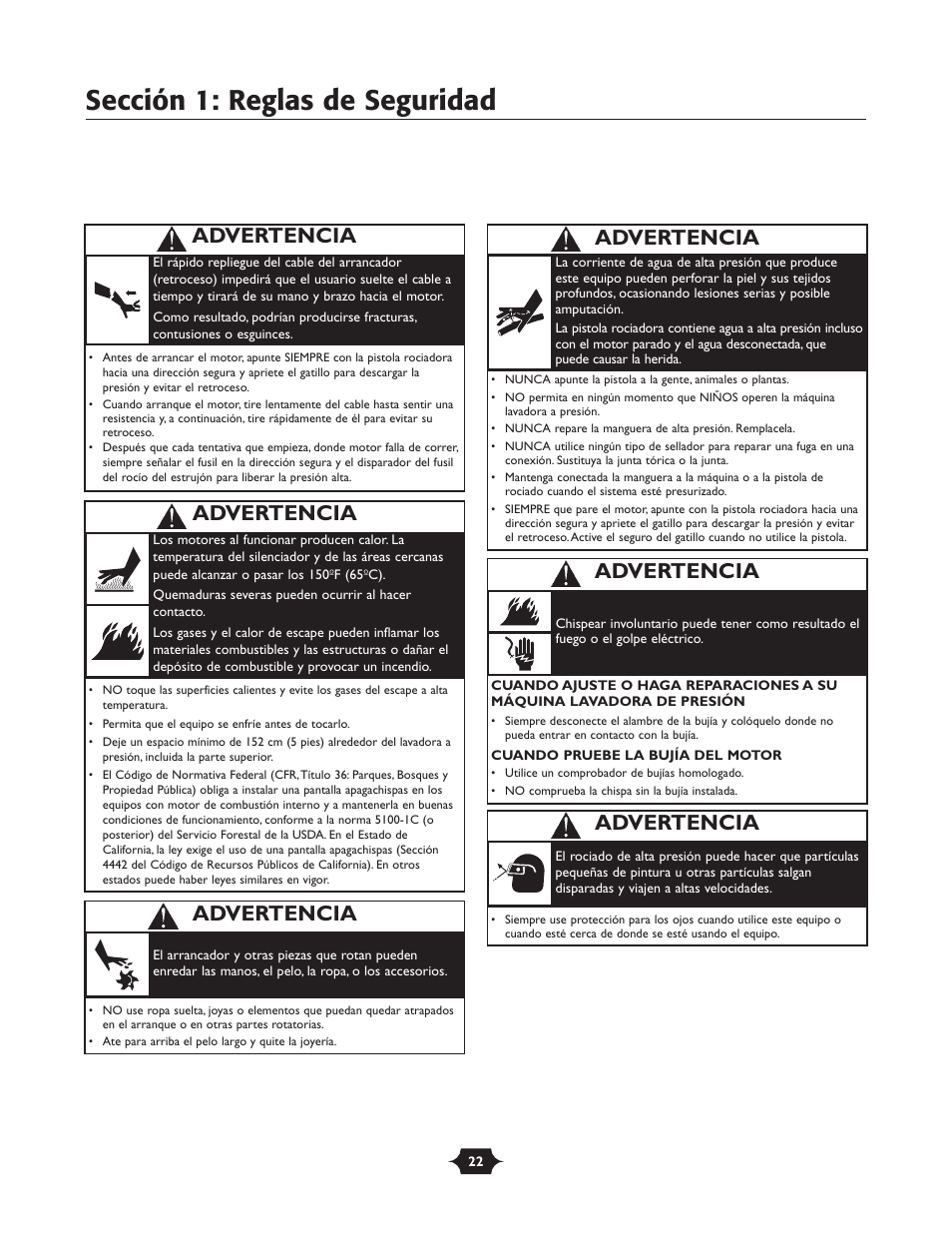Sección 1: reglas de seguridad, Advertencia | Briggs & Stratton 01988-1 User Manual | Page 22 / 36