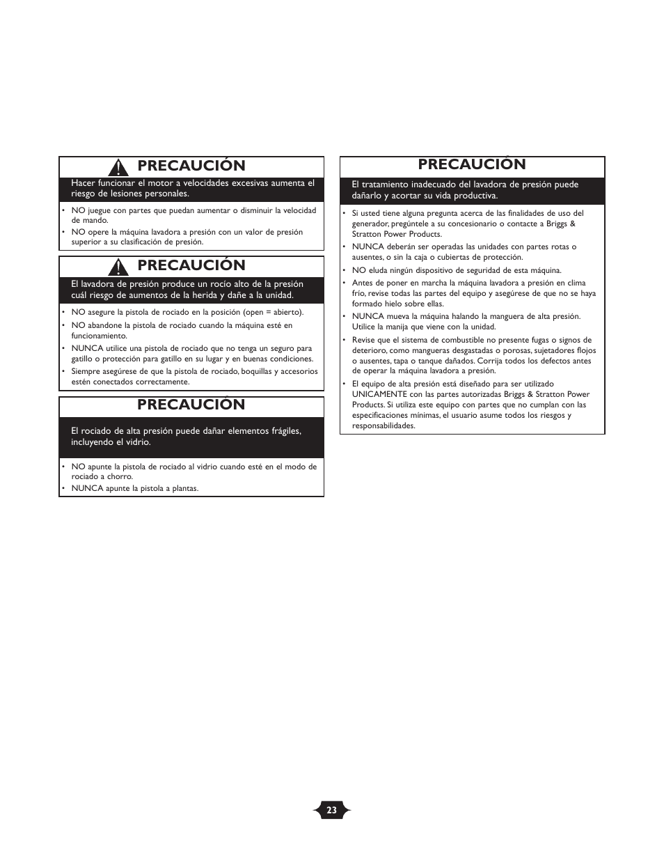 Precaución | Briggs & Stratton 01988-1 User Manual | Page 23 / 36