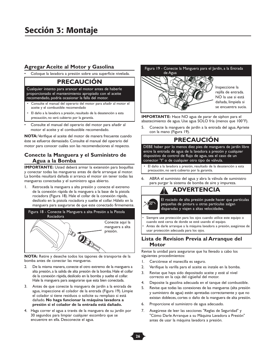 Sección 3: montaje, Precaución, Advertencia | Agregar aceite al motor y gasolina, Lista de revision previa al arranque del motor | Briggs & Stratton 01988-1 User Manual | Page 26 / 36