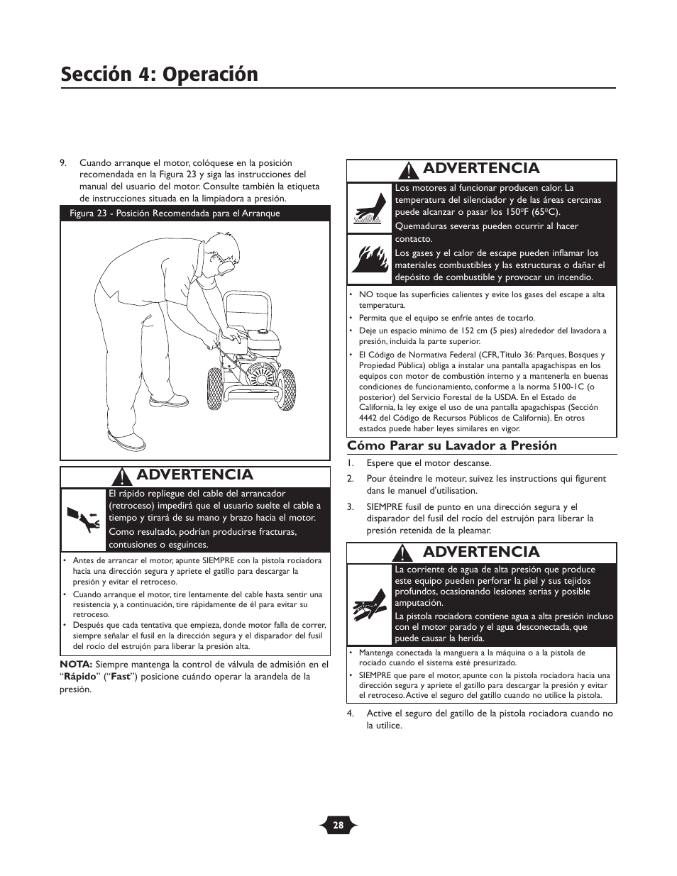 Sección 4: operación, Advertencia, Cómo parar su lavador a presión | Briggs & Stratton 01988-1 User Manual | Page 28 / 36