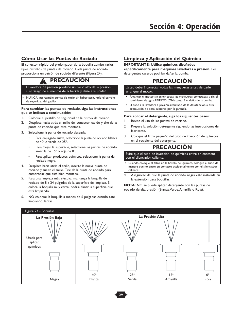 Sección 4: operación, Precaución, Cómo usar las puntas de rociado | Limpieza y aplicación del químico | Briggs & Stratton 01988-1 User Manual | Page 29 / 36