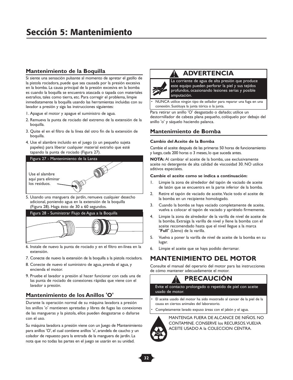 Sección 5: mantenimiento, Mantenimiento del motor, Precaución | Advertencia | Briggs & Stratton 01988-1 User Manual | Page 32 / 36