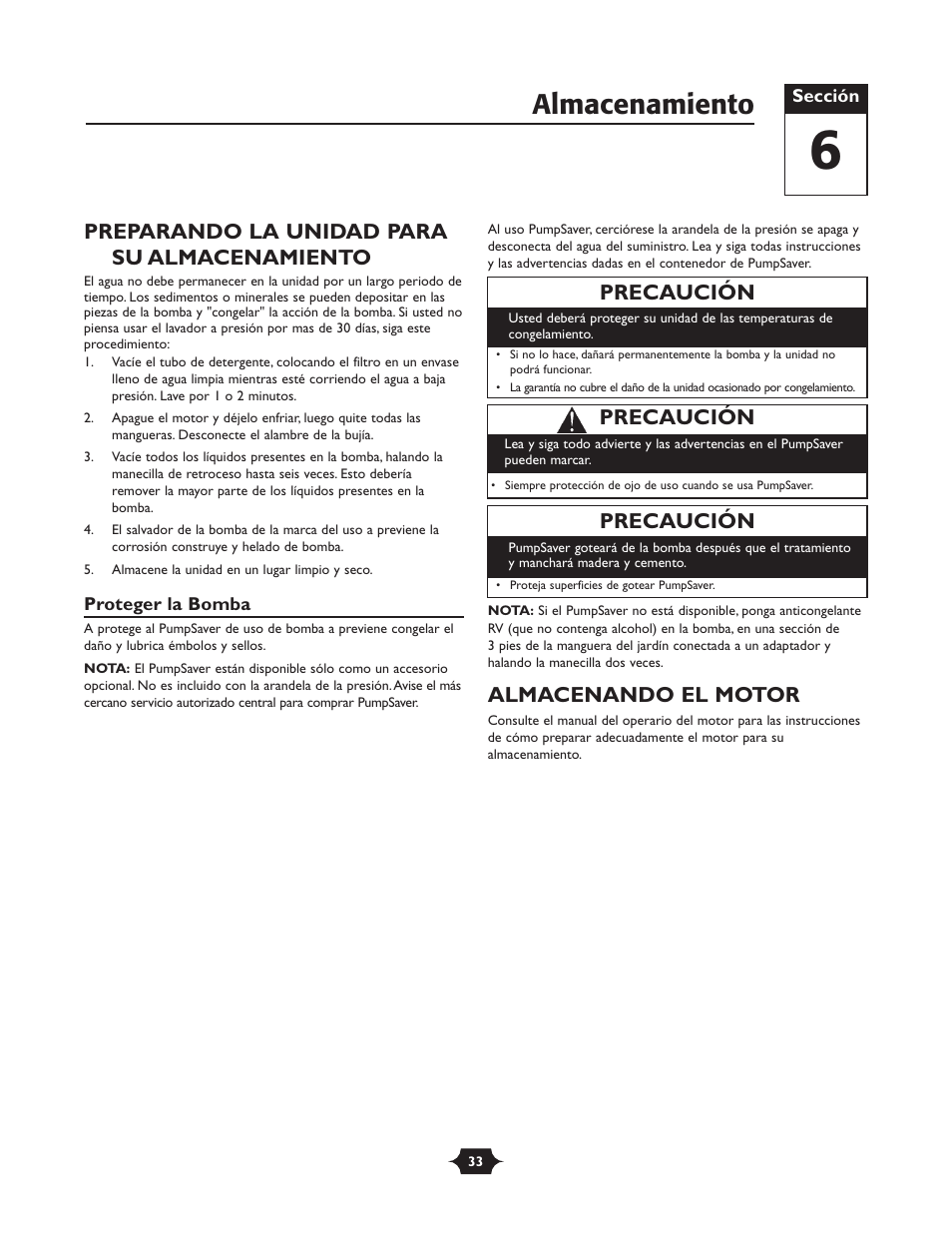 Almacenamiento, Preparando la unidad para su almacenamiento, Almacenando el motor | Precaución | Briggs & Stratton 01988-1 User Manual | Page 33 / 36