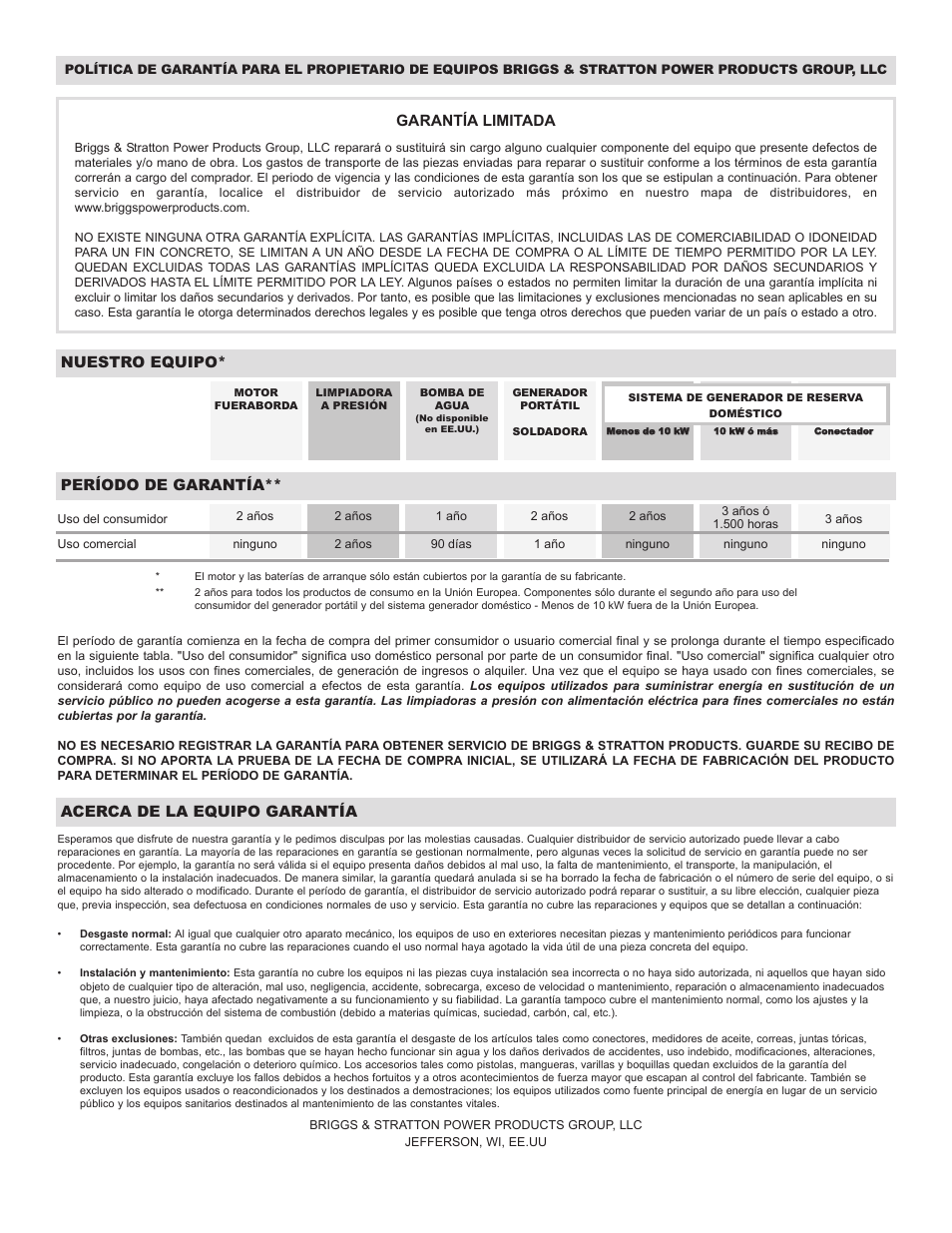 Garantía limitada, Nuestro equipo, Período de garantía | Acerca de la equipo garantía | Briggs & Stratton 01988-1 User Manual | Page 36 / 36