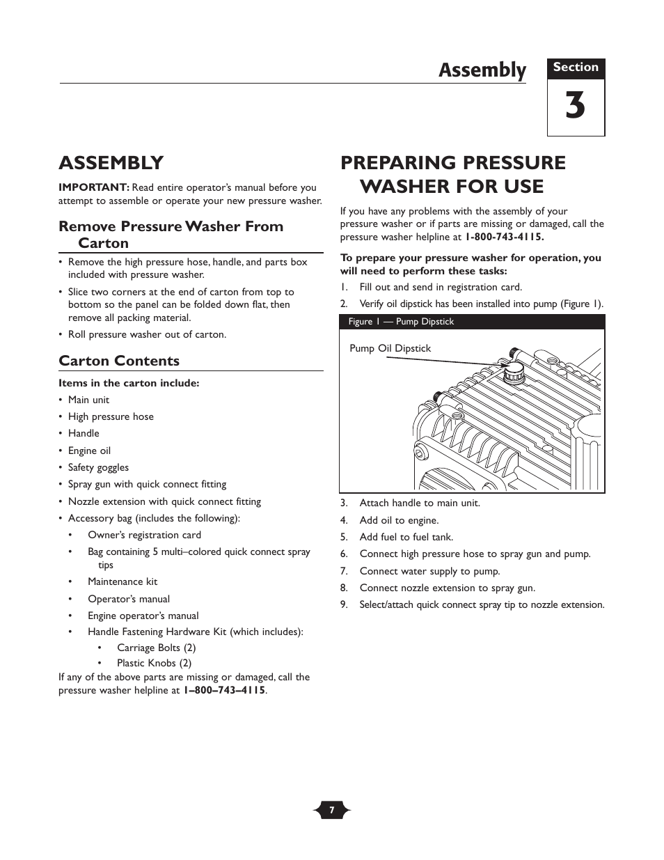 Assembly, Preparing pressure washer for use, Remove pressure washer from carton | Carton contents | Briggs & Stratton 01988-1 User Manual | Page 7 / 36