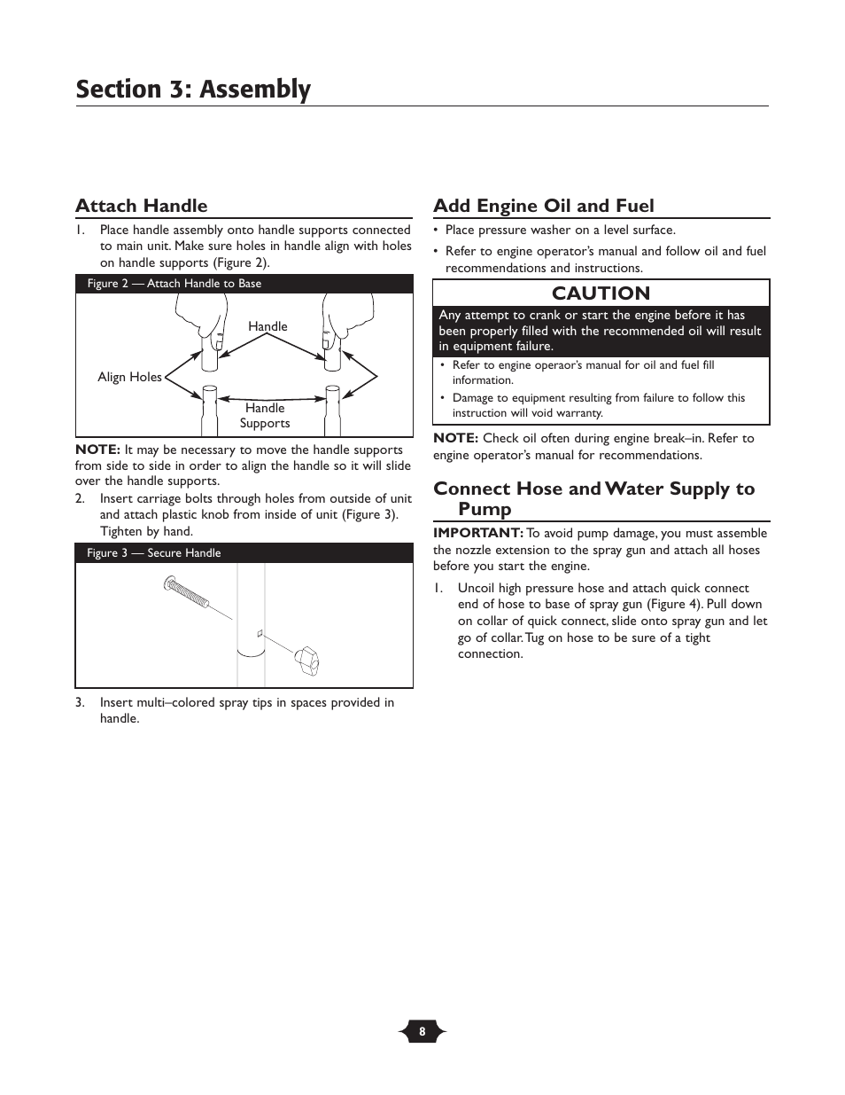 Attach handle, Add engine oil and fuel, Connect hose and water supply to pump | Caution | Briggs & Stratton 01988-1 User Manual | Page 8 / 36