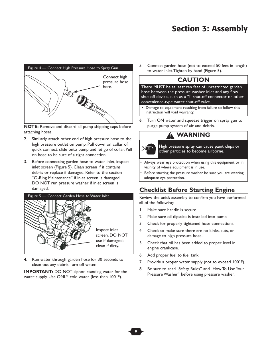 Checklist before starting engine, Caution, Warning | Briggs & Stratton 01988-1 User Manual | Page 9 / 36