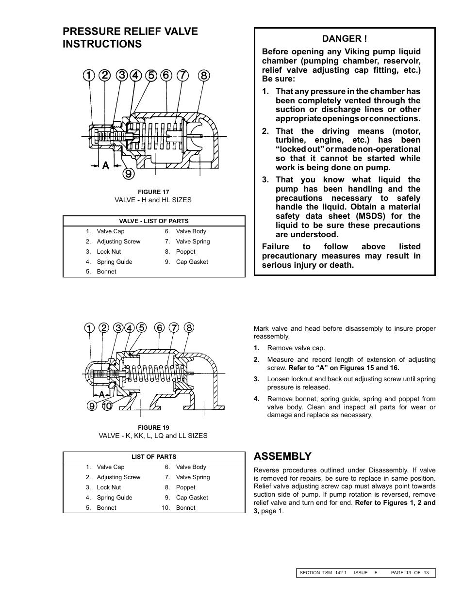 Assembly, Pressure relief valve instructions, Danger | Viking Pump TSM142.1: H-LL 225/4225 User Manual | Page 13 / 14