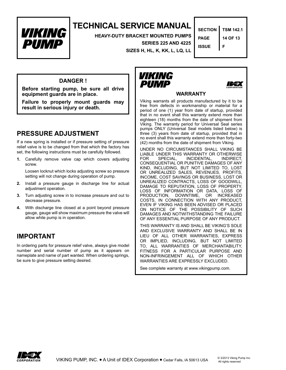 Technical service manual, Pressure adjustment important | Viking Pump TSM142.1: H-LL 225/4225 User Manual | Page 14 / 14