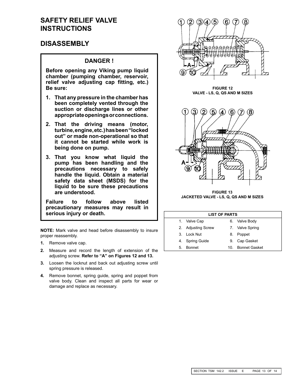 Safety relief valve instructions, Disassembly | Viking Pump TSM142.2: LS-M 225/4225 User Manual | Page 13 / 14