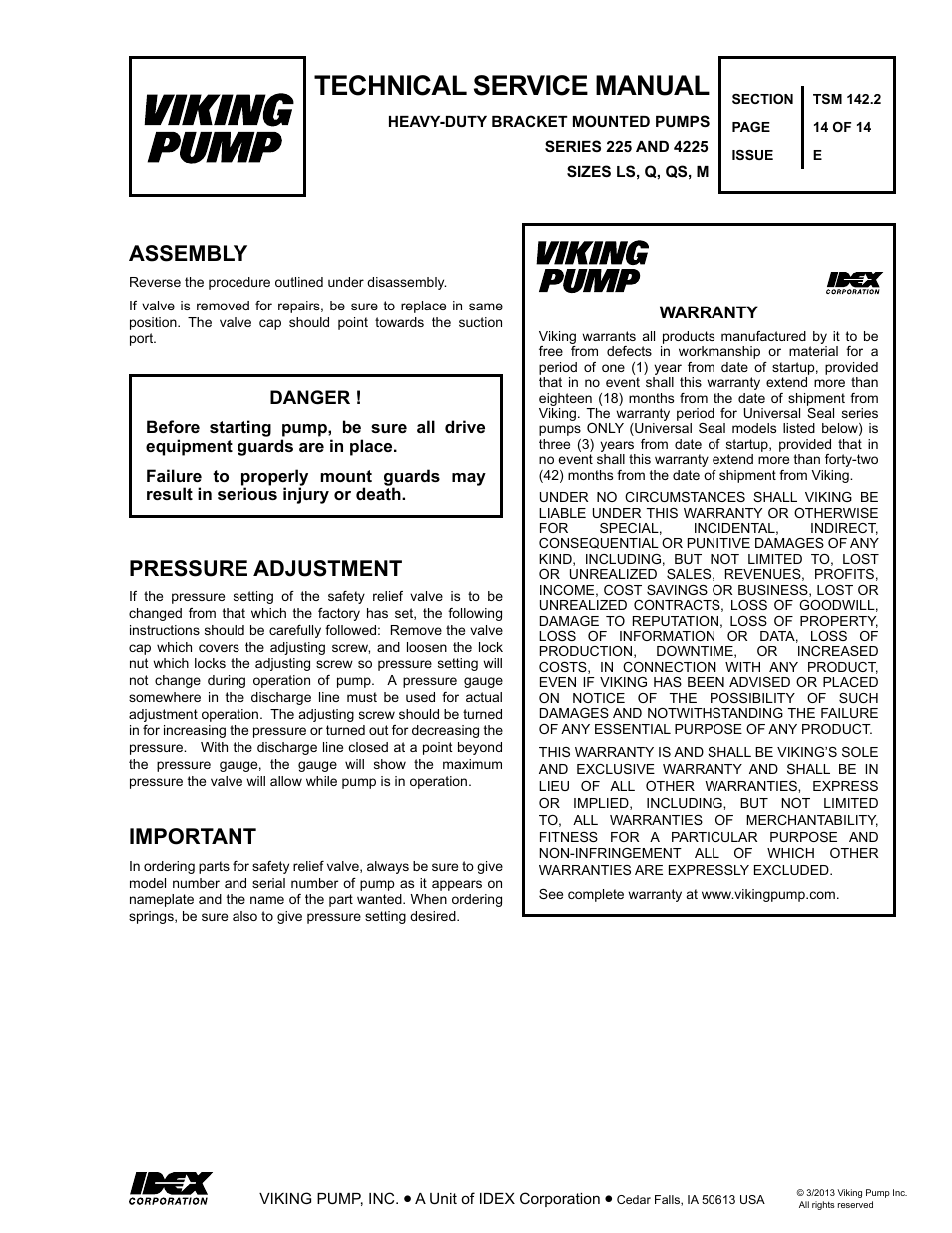 Technical service manual, Pressure adjustment important, Assembly | Viking Pump TSM142.2: LS-M 225/4225 User Manual | Page 14 / 14