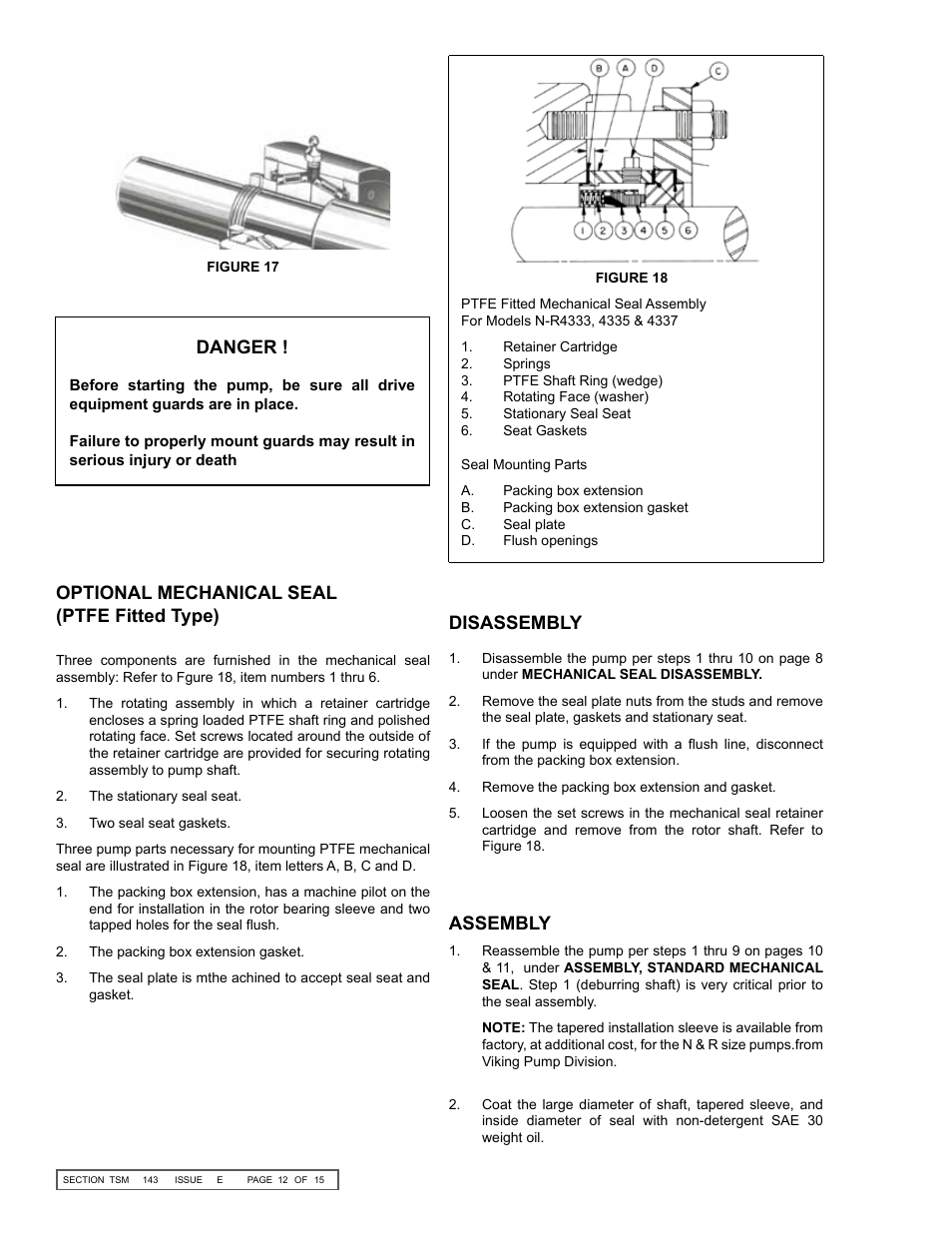 Danger, Optional mechanical seal (ptfe fitted type), Disassembly | Assembly | Viking Pump TSM143: N-P 335/4335 User Manual | Page 12 / 15