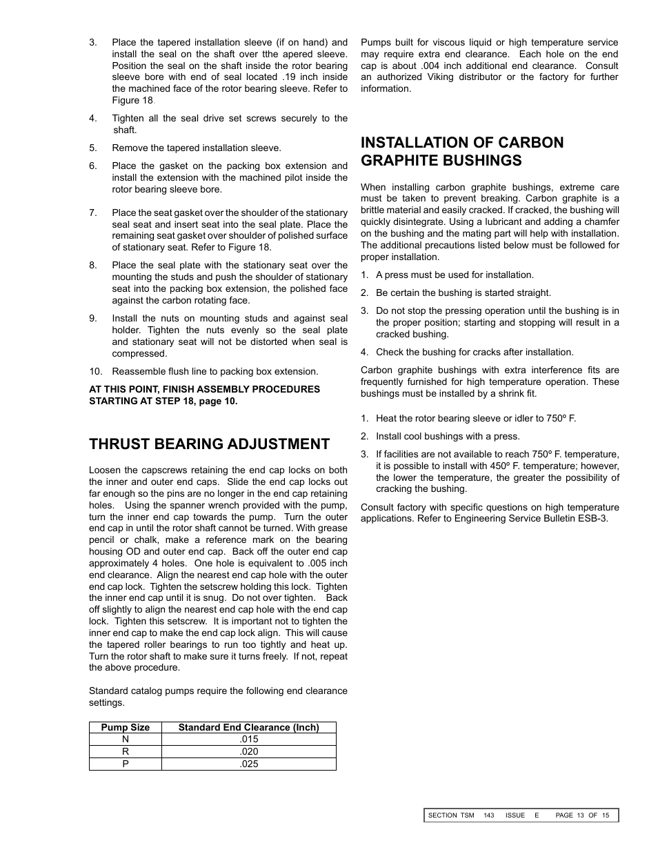 Thrust bearing adjustment, Installation of carbon graphite bushings | Viking Pump TSM143: N-P 335/4335 User Manual | Page 13 / 15