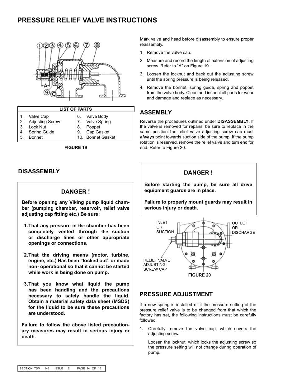 Pressure relief valve instructions, Disassembly danger, Assembly | Danger, Pressure adjustment | Viking Pump TSM143: N-P 335/4335 User Manual | Page 14 / 15