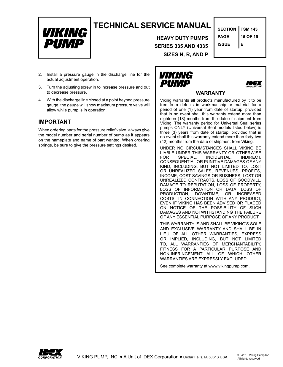 Technical service manual, Important | Viking Pump TSM143: N-P 335/4335 User Manual | Page 15 / 15