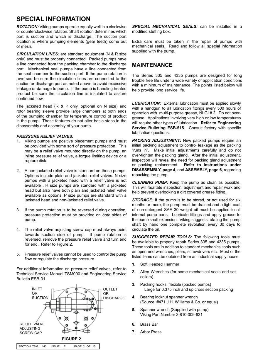 Special information, Maintenance | Viking Pump TSM143: N-P 335/4335 User Manual | Page 2 / 15