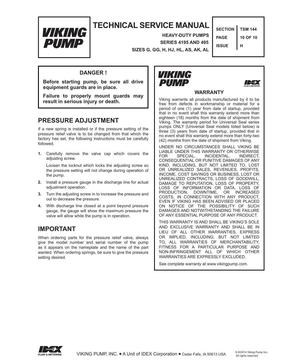 Technical service manual, Pressure adjustment important | Viking Pump TSM144: GG-AL 495/4195 User Manual | Page 10 / 10