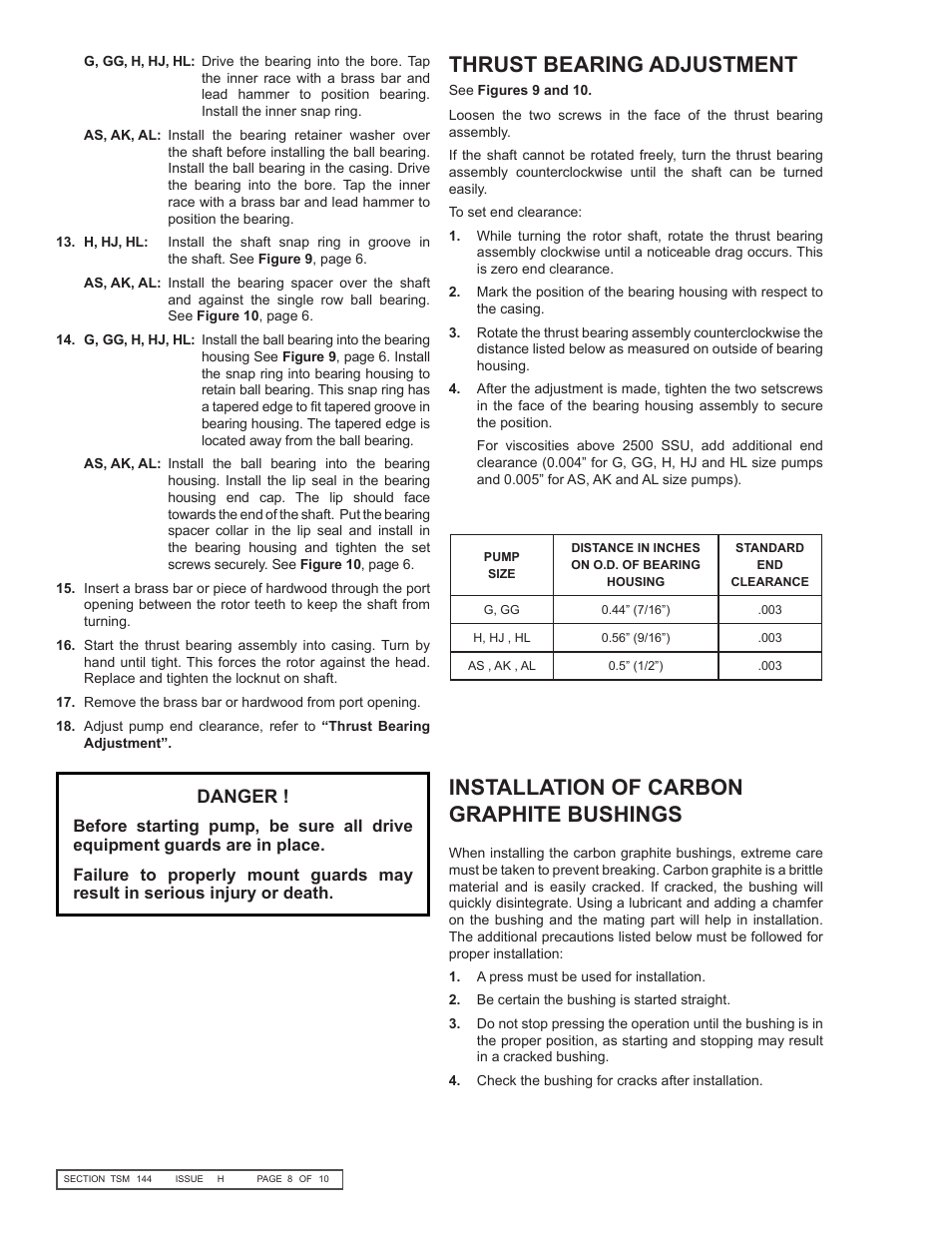 Thrust bearing adjustment, Installation of carbon graphite bushings, Danger | Viking Pump TSM144: GG-AL 495/4195 User Manual | Page 8 / 10