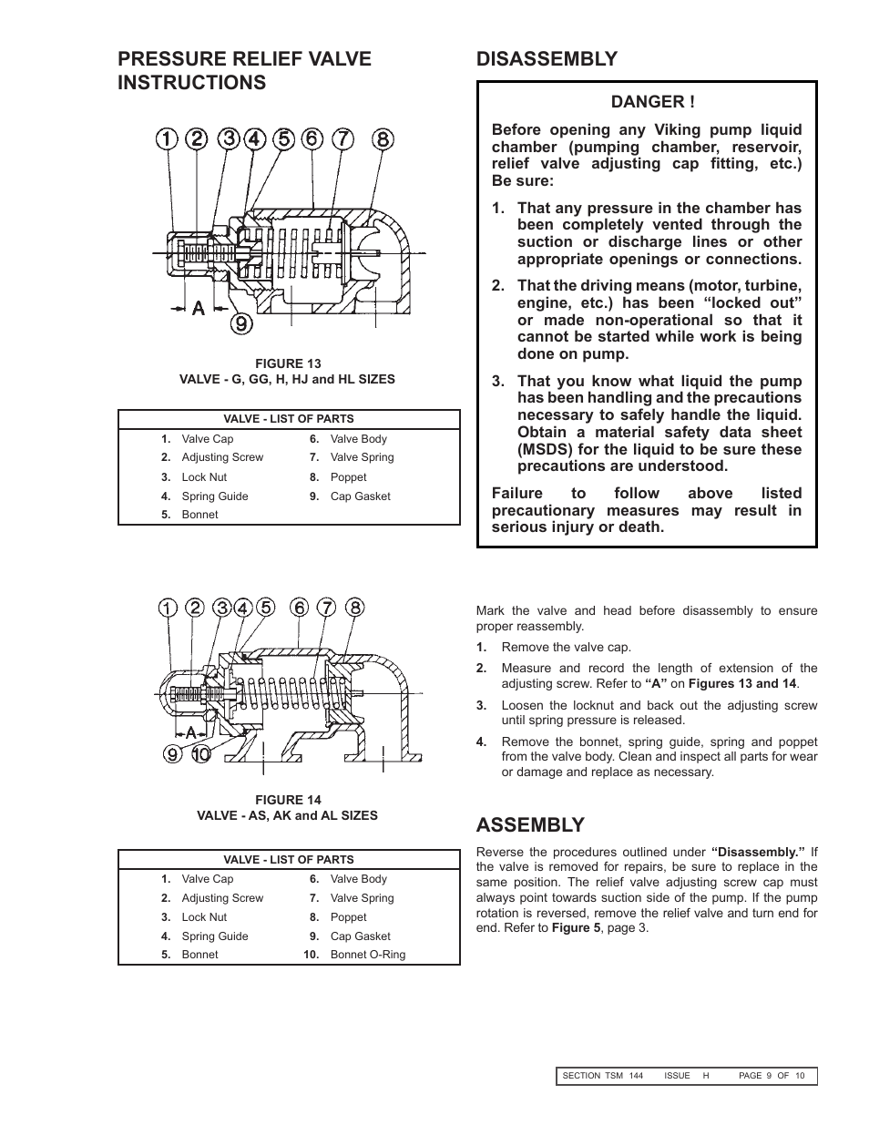 Pressure relief valve instructions, Assembly disassembly, Danger | Viking Pump TSM144: GG-AL 495/4195 User Manual | Page 9 / 10