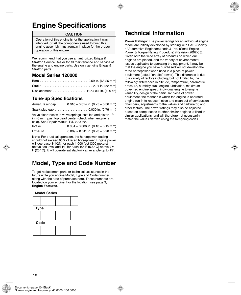 Engine specifications, Model, type and code number, Technical information | Tune-up specifications | Briggs & Stratton 12K300 User Manual | Page 10 / 16