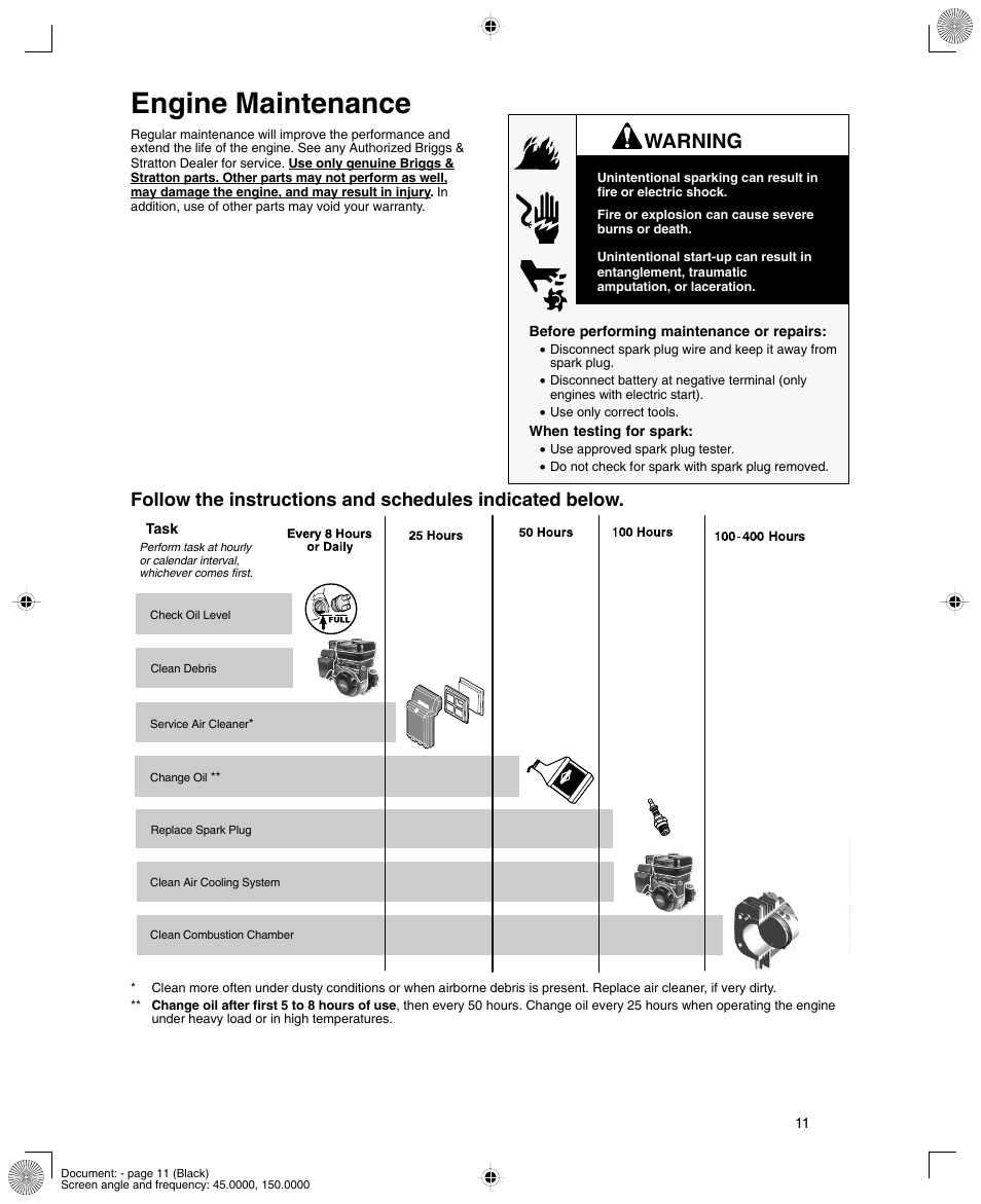 Engine maintenance, Warning | Briggs & Stratton 12K300 User Manual | Page 11 / 16