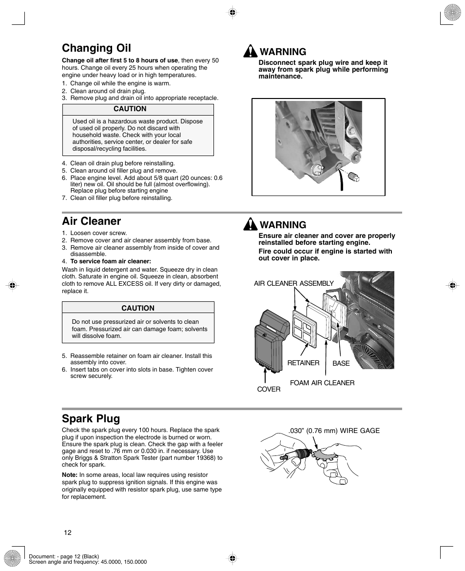 Changing oil, Air cleaner, Spark plug | Warning | Briggs & Stratton 12K300 User Manual | Page 12 / 16