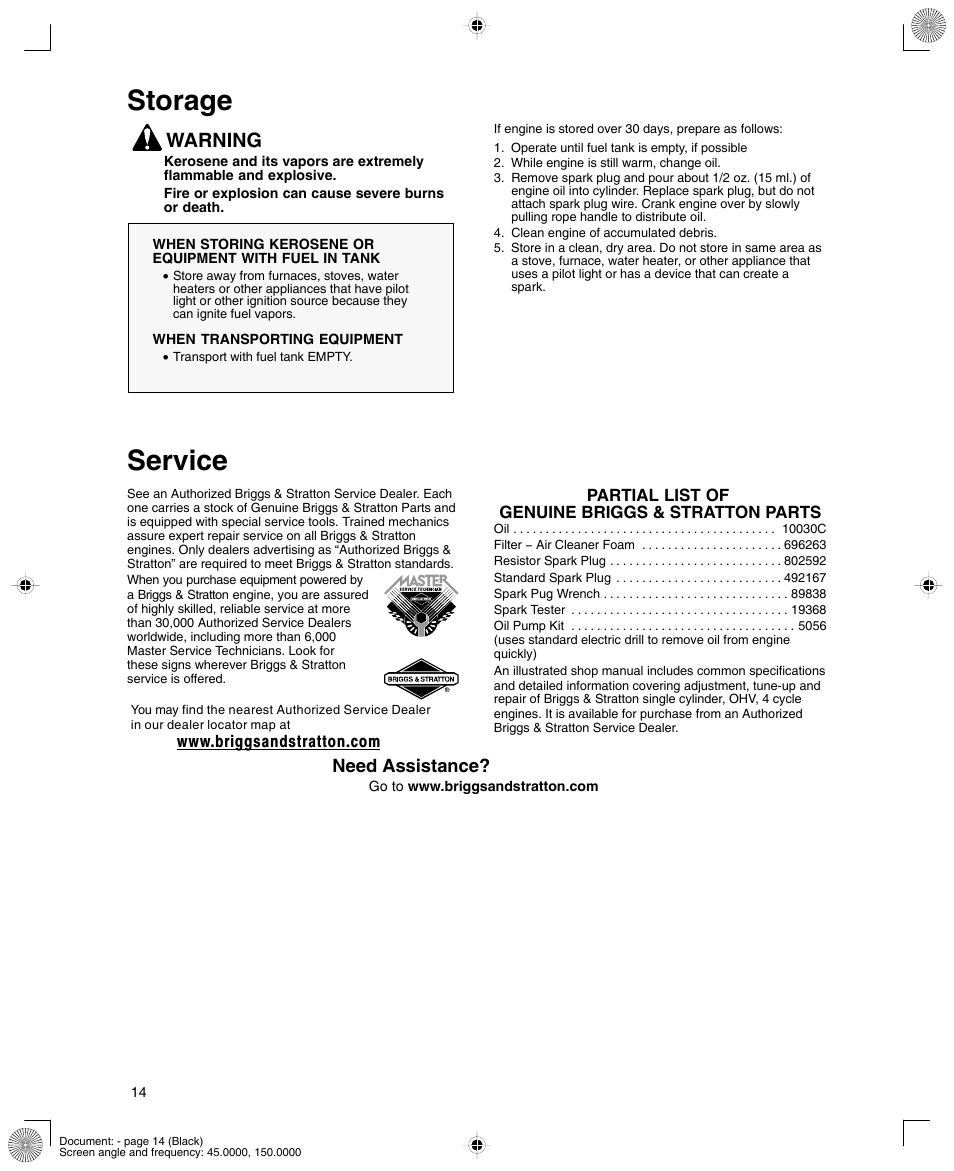 Storage, Service, Warning | Need assistance | Briggs & Stratton 12K300 User Manual | Page 14 / 16