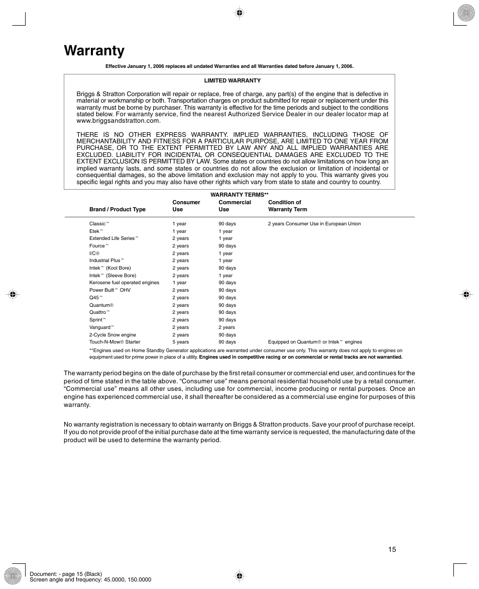Warranty | Briggs & Stratton 12K300 User Manual | Page 15 / 16