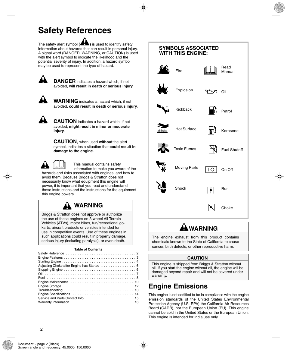 Safety references, Engine emissions, Danger | Warning, Caution, Symbols associated with this engine | Briggs & Stratton 12K300 User Manual | Page 2 / 16