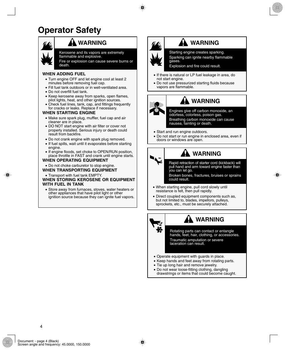 Operator safety, Warning | Briggs & Stratton 12K300 User Manual | Page 4 / 16