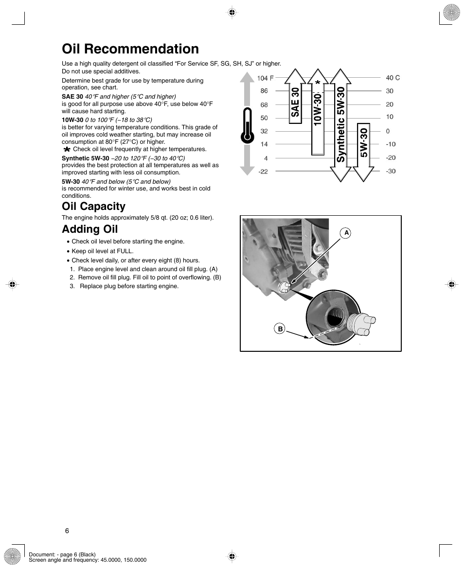 Oil recommendation, Oil capacity, Adding oil | Briggs & Stratton 12K300 User Manual | Page 6 / 16