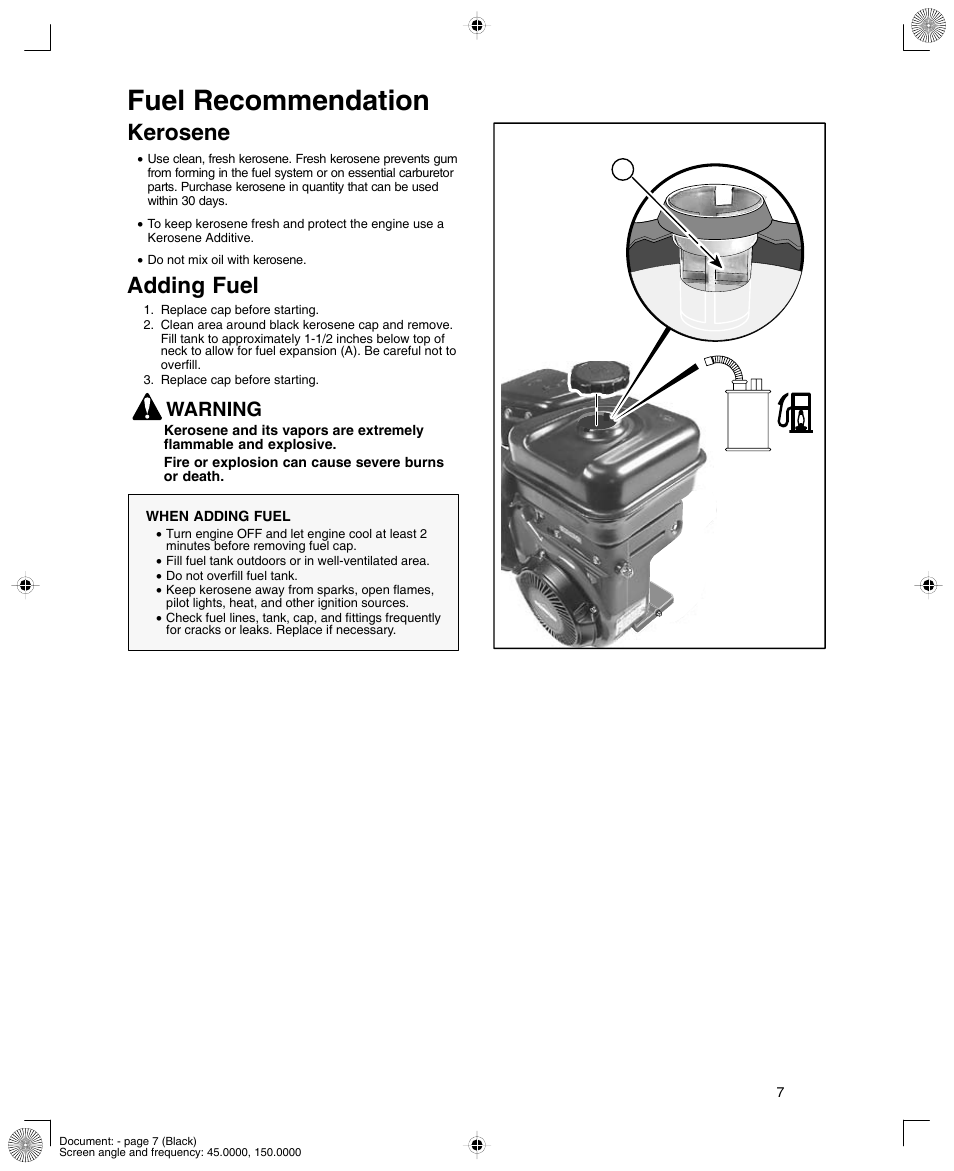 Fuel recommendation, Kerosene, Adding fuel | Warning | Briggs & Stratton 12K300 User Manual | Page 7 / 16