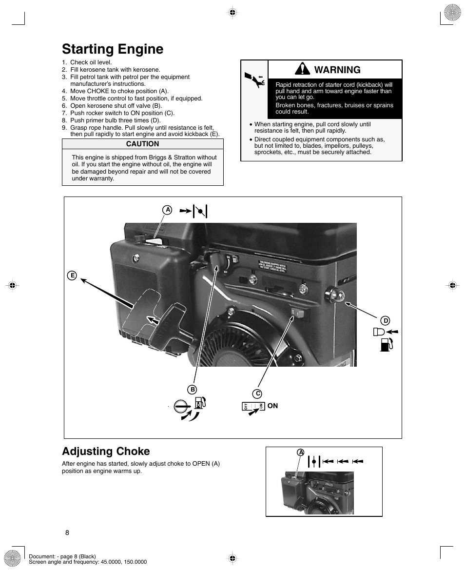 Starting engine, Adjusting choke, Warning | Briggs & Stratton 12K300 User Manual | Page 8 / 16