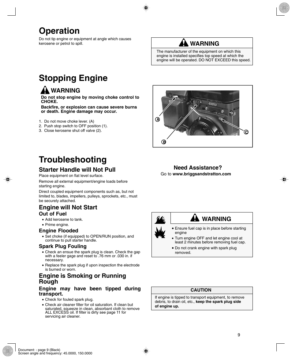 Operation, Stopping engine, Troubleshooting | Warning, Starter handle will not pull, Engine will not start, Engine is smoking or running rough, Need assistance | Briggs & Stratton 12K300 User Manual | Page 9 / 16