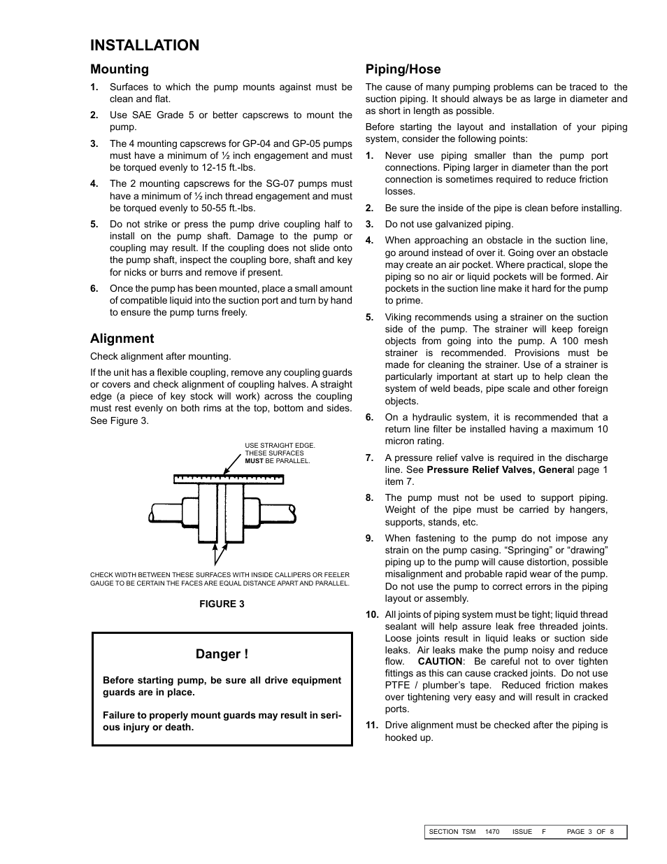 Installation, Mounting, Alignment | Danger, Piping/hose | Viking Pump TSM1470: HI-LO Double Pumps User Manual | Page 3 / 8