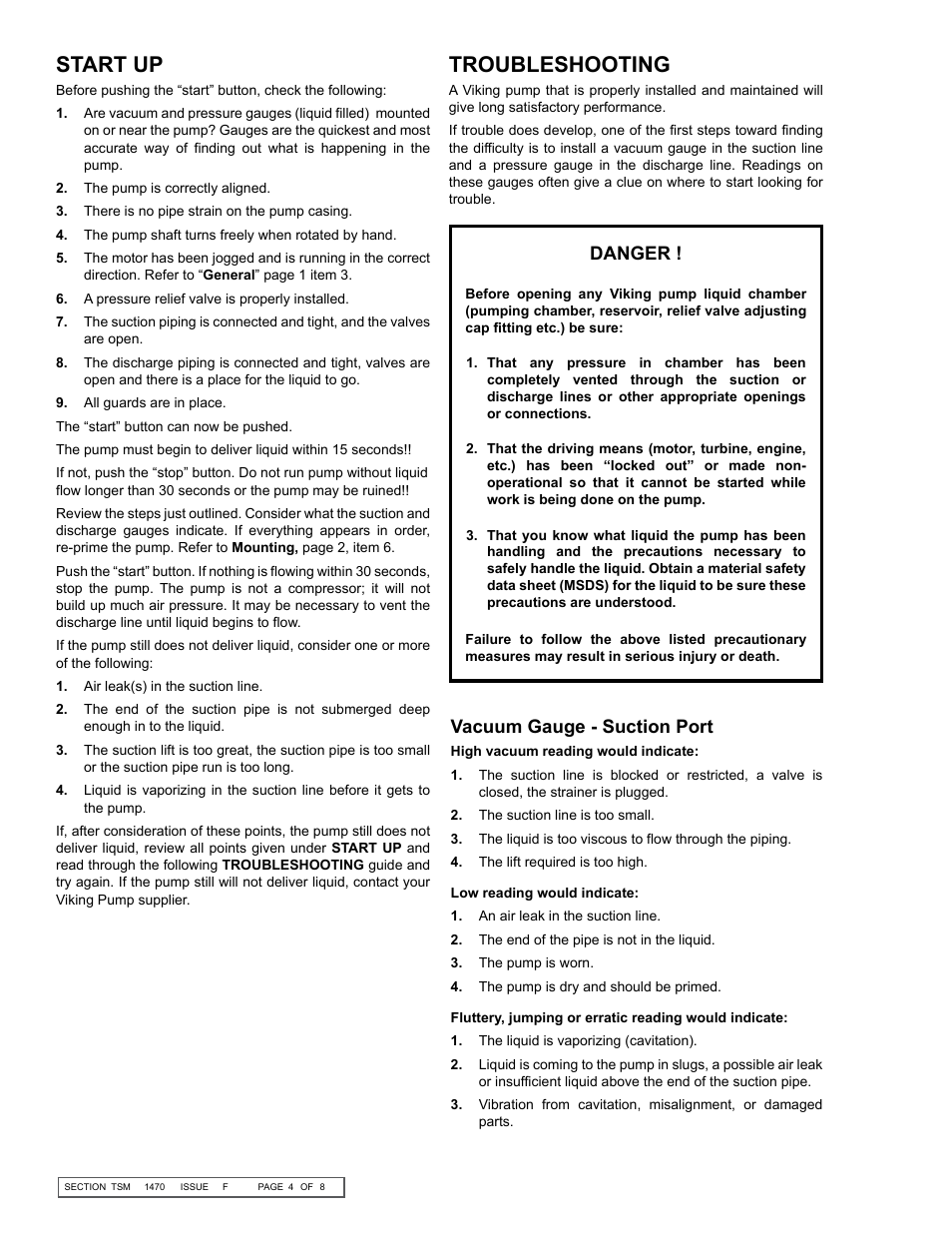 Start up, Troubleshooting, Danger | Vacuum gauge - suction port | Viking Pump TSM1470: HI-LO Double Pumps User Manual | Page 4 / 8