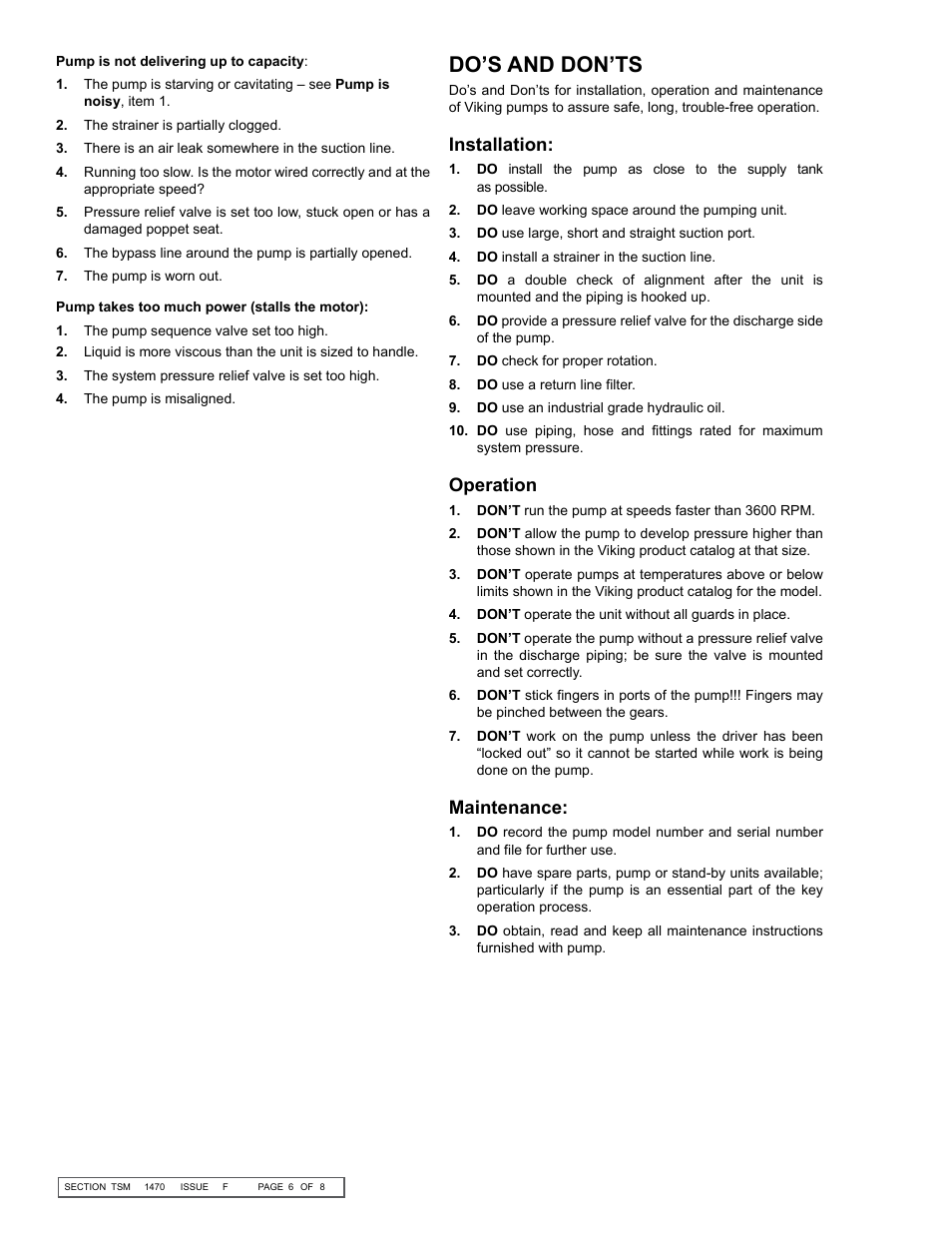 Do’s and don’ts, Installation, Operation | Maintenance | Viking Pump TSM1470: HI-LO Double Pumps User Manual | Page 6 / 8