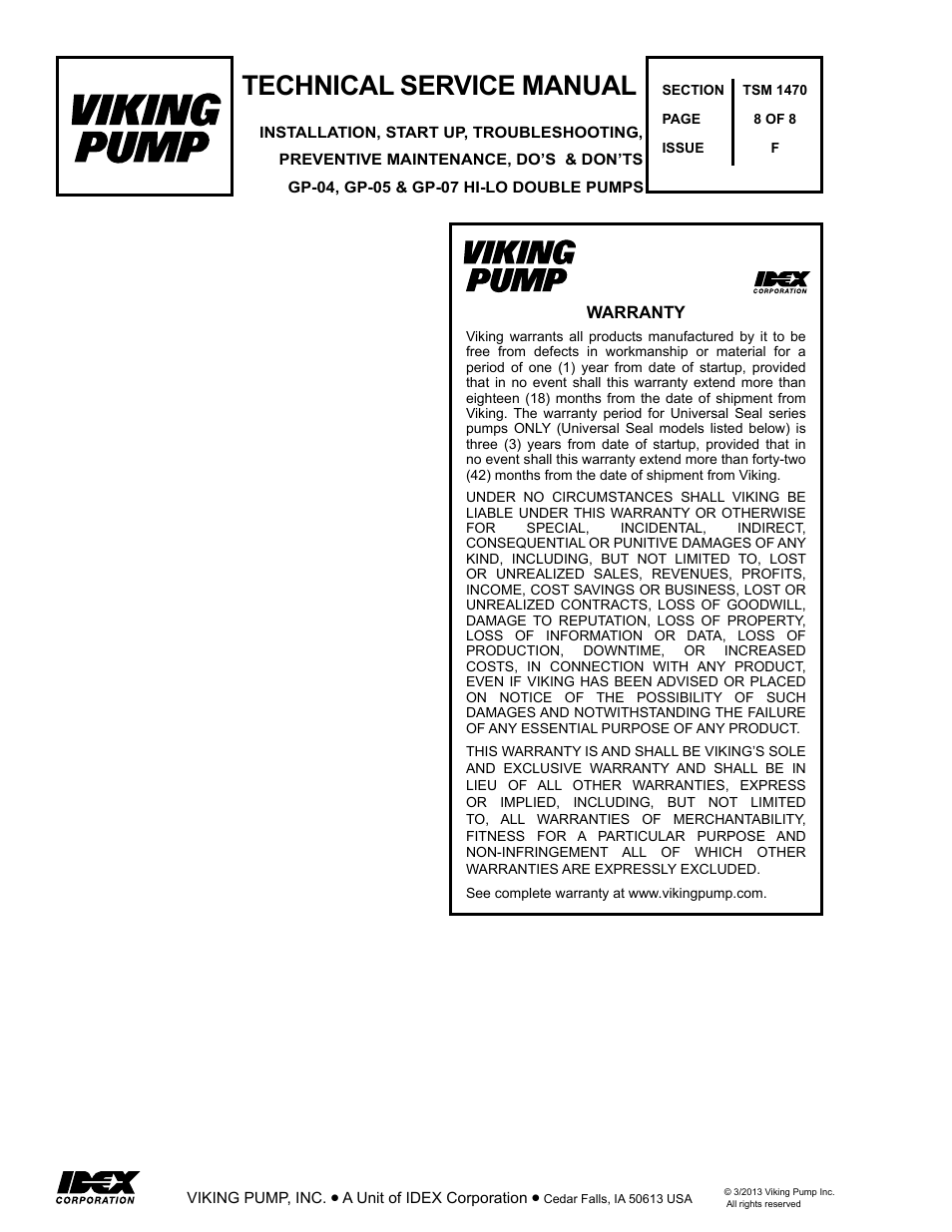 Technical service manual | Viking Pump TSM1470: HI-LO Double Pumps User Manual | Page 8 / 8