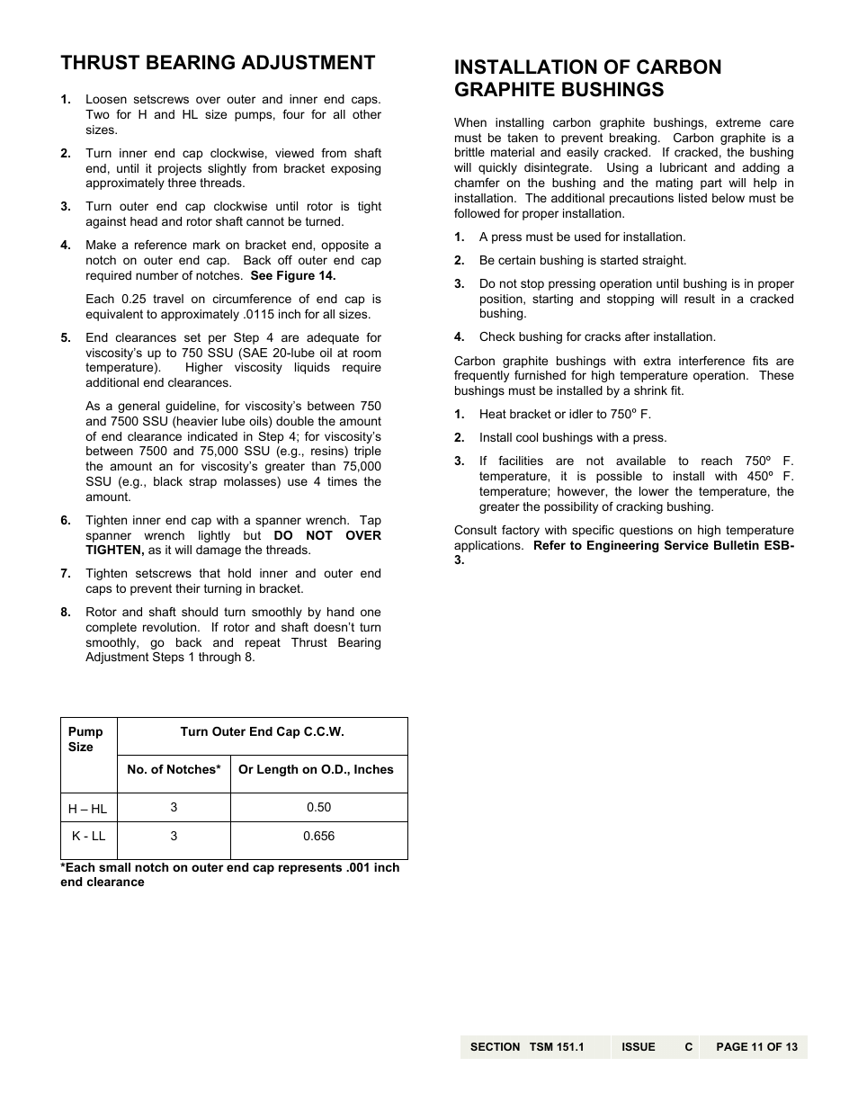 Thrust bearing adjustment, Installation of carbon graphite bushings | Viking Pump TSM151.1: H-LL 123/4123 User Manual | Page 11 / 13