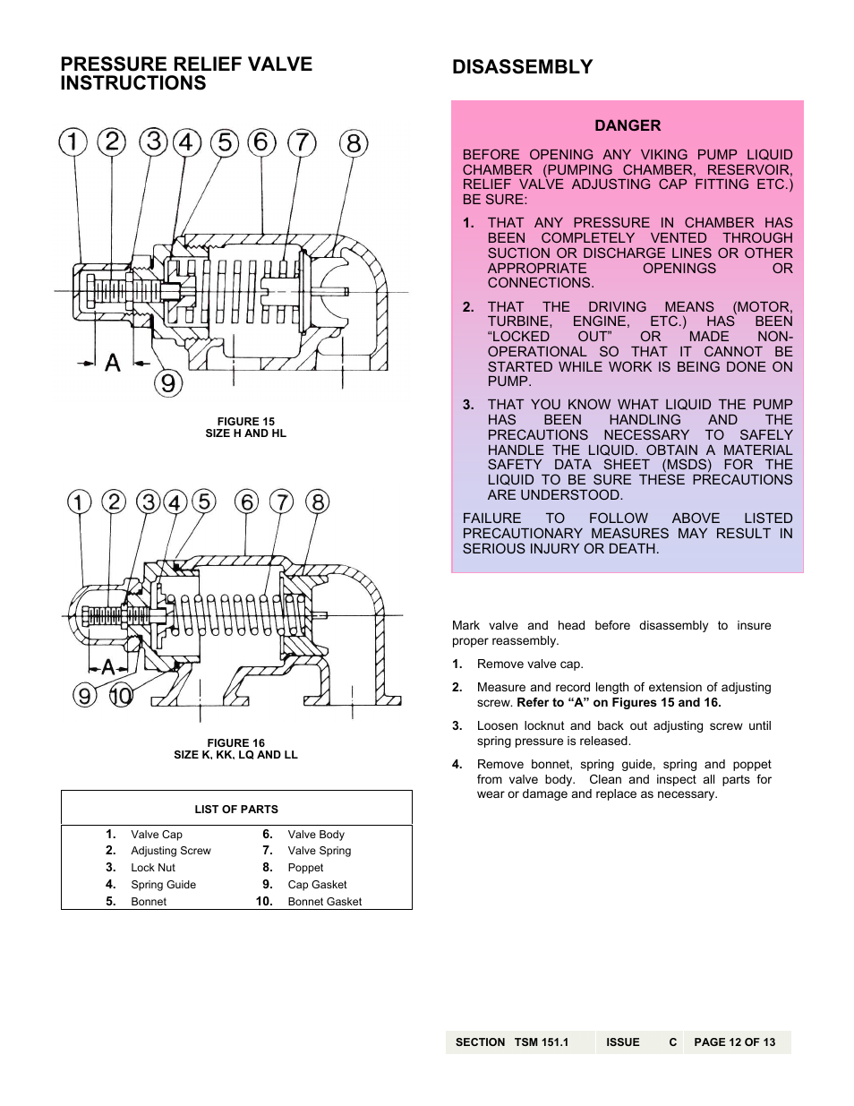 Pressure relief valve instructions disassembly | Viking Pump TSM151.1: H-LL 123/4123 User Manual | Page 12 / 13