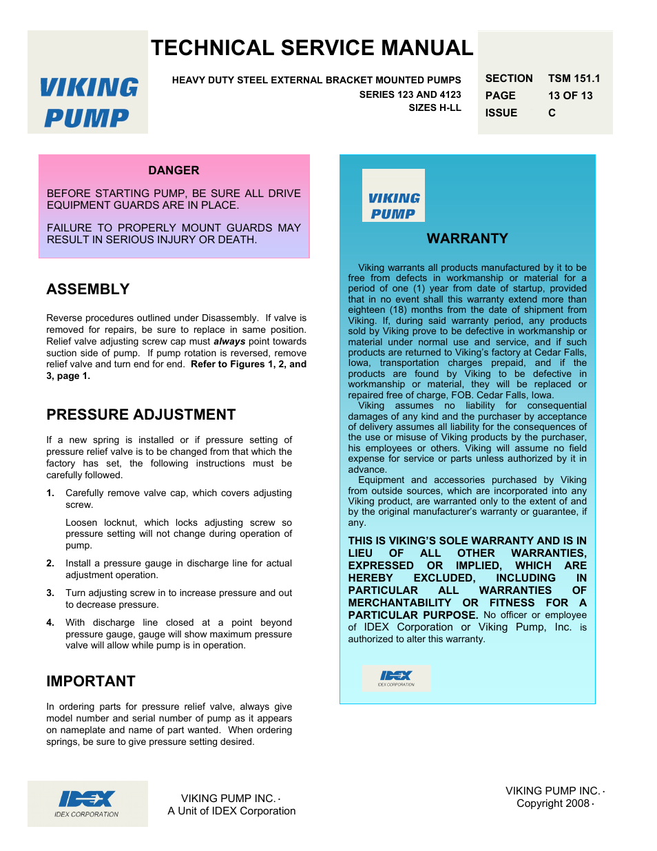 Technical service manual, Assembly, Pressure adjustment | Important, Warranty | Viking Pump TSM151.1: H-LL 123/4123 User Manual | Page 13 / 13