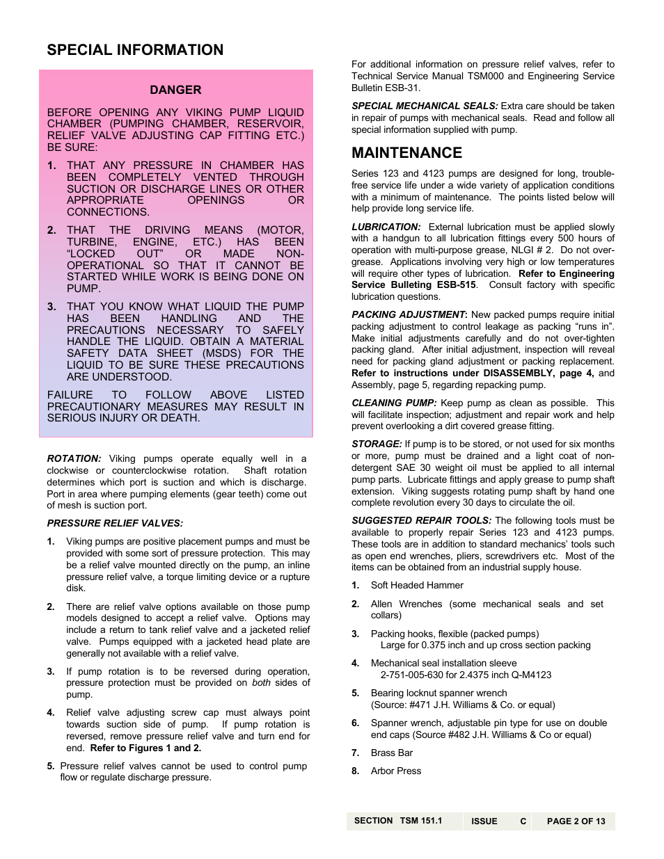 Special information, Maintenance | Viking Pump TSM151.1: H-LL 123/4123 User Manual | Page 2 / 13